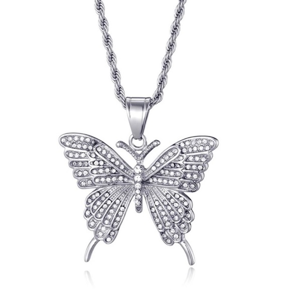 JWN1) New! Stainless Steel Zirconia Butterfly Necklace - Picture 2 of 3